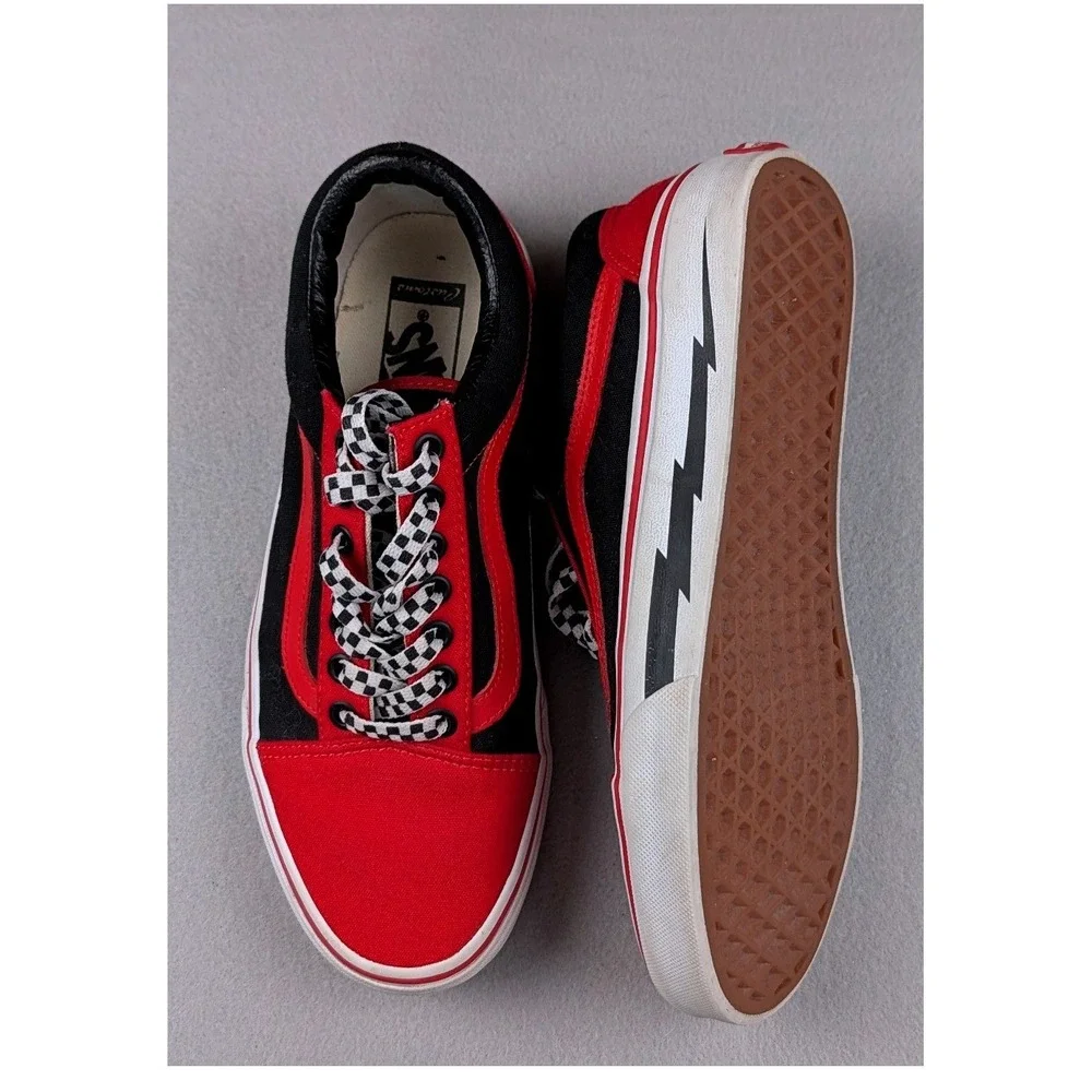 Vans Old Skool Customs Red Black Check Laces Lightning Bolt Mens 7 Women 8.5